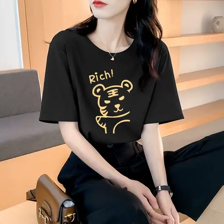 纯棉短袖t恤女夏装2023年新款设计感小众宽松大码虎年印花上衣潮商品大图