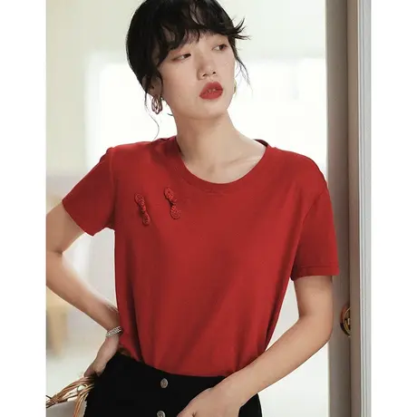 弥古红色短袖t恤女夏白色显瘦圆领复古盘扣改良旗袍上衣短款薄款图片
