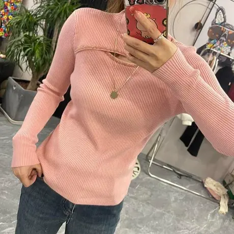 2023秋冬新款网红爆款打底衫毛衣内搭针织衫镂空设计中领套头上衣商品大图