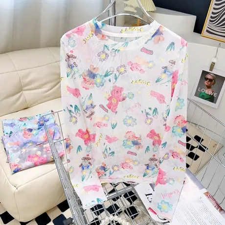 ins少女心花朵小熊冰丝网纱韩国东大门夏季薄款T恤内搭叠穿防晒衫图片