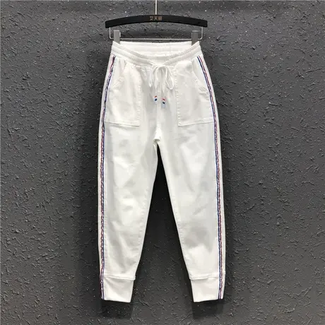 春夏白色休闲束脚运动裤女新款港风松紧高腰宽松九分小脚哈伦裤子商品大图