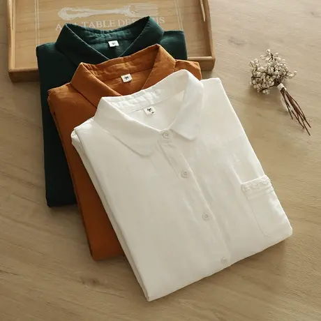 春秋新款日系文艺双层棉纱长袖白衬衫女上衣宽松打底衬衣蕾丝开衫商品大图