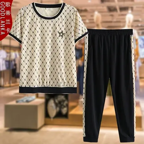 中年妈妈夏装短袖t恤两件套大码洋气时尚中老年夏季休闲运动套装商品大图