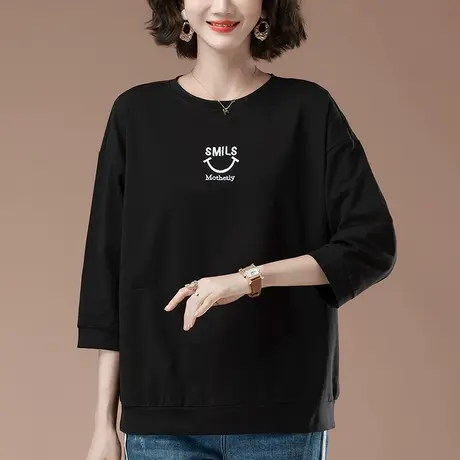 早秋纯棉t恤女七分袖加肥大码女装宽松中年妈妈休闲百搭中袖上衣图片