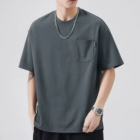 夏季纯色半袖圆领口袋短袖t恤男士2023新款体恤上衣服男装夏天短t图片