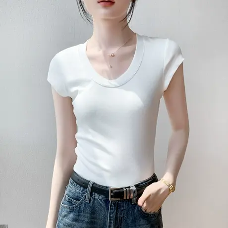 U领短袖T恤女夏季韩版修身显瘦收腰正肩内搭纯色简约半截袖上衣棉图片
