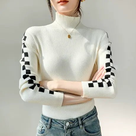 配大衣的棋盘格子半高领打底衫女2023春季保暖修身长袖内搭针织衫图片