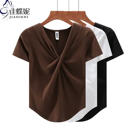 夏季新款韩V领扭结修身下摆圆弧纯欲纯棉纯色短袖体恤上衣内搭女商品大图
