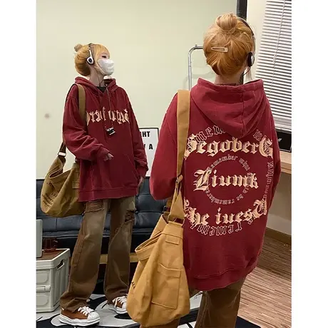 韩风chic加绒连帽卫衣女大码bf风宽松帽衫ins潮小众加厚外套上衣图片