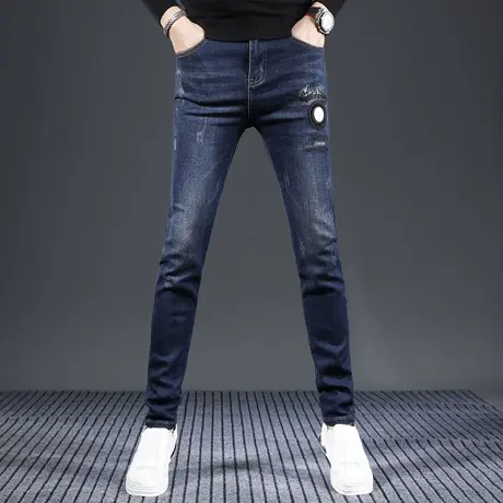 秋冬新款高端轻奢蓝色牛仔裤男潮牌弹力印花刺绣休闲韩版修身长裤图片