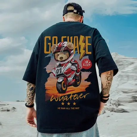 机车小熊短袖纯棉宽松嘻哈夏季情侣加肥加大半袖T恤潮流大码男装商品大图