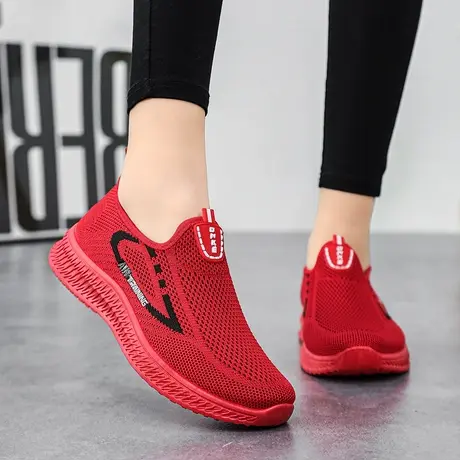 本命年红鞋子夏季一脚蹬飞织运动鞋透气低帮袜子鞋老北京布鞋红色商品大图