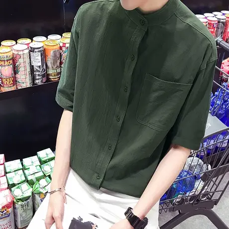 短袖衬衫男韩版潮流宽松立领五分袖衬衣男士棉麻寸衫帅气亚麻衣服商品大图