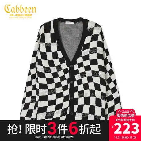 卡宾男装棋盘格毛衣外套秋冬款羊毛衫字母提花宽松开衫H商品大图