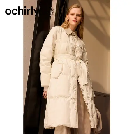 【品牌甄选】高级哑光羽绒料 欧时力 皮革翻领腰带大衣23新秋外套图片