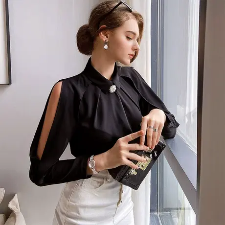 粉红大布娃娃雪纺衫女2022春款露肩长袖镂空衬衫设计感宽松上衣图片