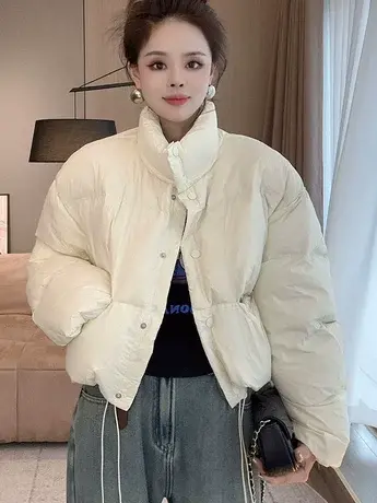 小个子短款白色羽绒服女冬韩系学院风立领高腰白鸭绒面包服外套潮商品大图