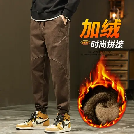 男士冬季美式束脚牛仔工装秋冬款加绒加厚抗寒休闲裤子冬天加棉裤图片