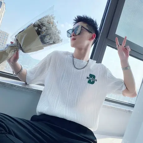 夏季男士字母t恤短袖半袖潮流波浪条纹潮牌个性休闲ins圆领体恤商品大图