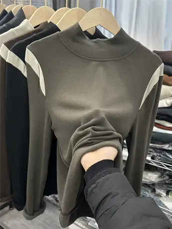 设计感洋气秋冬加绒加厚半高领宽松T恤女长袖内搭打底衫大码胖MM商品大图