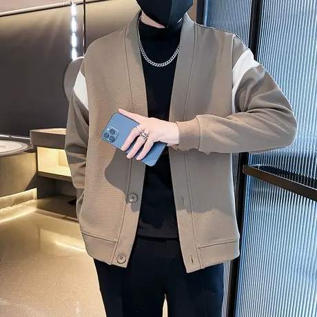 春秋季小众开衫外套男小众高级感韩版潮流拼色V领针织衫夹克上衣商品大图