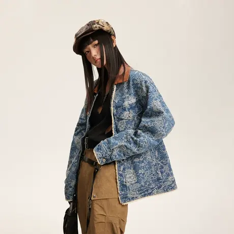 复古潮牌花色拼接牛仔外套女春秋2024年新款美式宽松oversize夹克商品大图