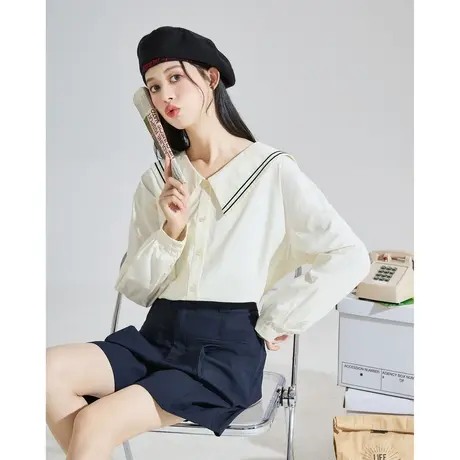 唐狮2024春秋新款长袖衬衫女海军领白衬衣内搭甜美上衣学院风1.3图片