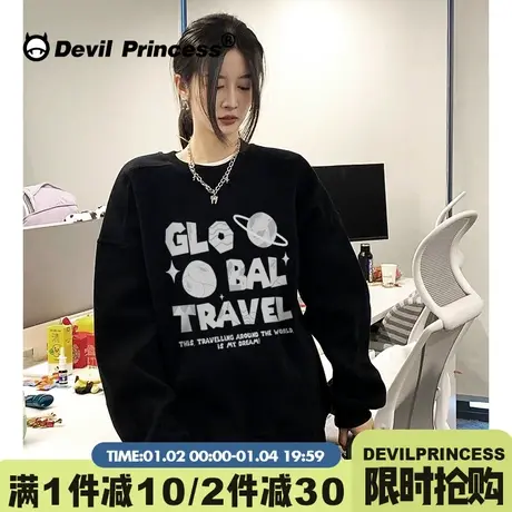 甜酷风小众潮牌黑色无帽卫衣女2024新款涂鸦印花大版加绒套头上衣商品大图