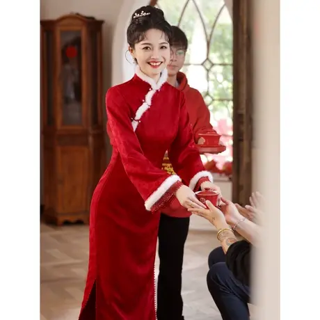 旗袍敬酒服2024新款新娘秋冬季长袖加厚保暖中式结婚礼服秀禾服女图片