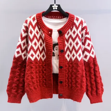 新年复古菱格麻花红色毛衣外套女冬季2024新款宽松慵懒风针织开衫商品大图