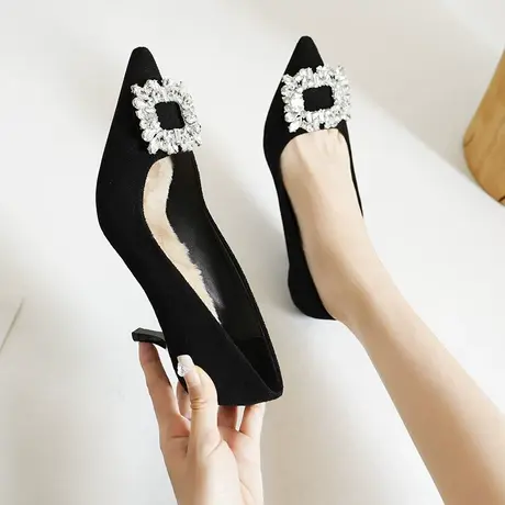 法式高跟鞋女细跟2024年新款春秋小众设计感气质百搭水钻浅口单鞋图片