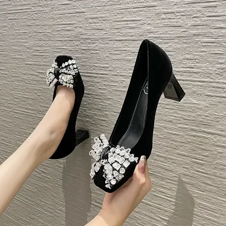 粗跟方头单鞋女2024春季新款水钻蝴蝶结气质名媛高跟鞋职业工作鞋图片