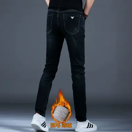 秋冬季加绒加厚牛仔裤男款抓毛薄绒保暖裤子潮流小脚修身弹力高端图片