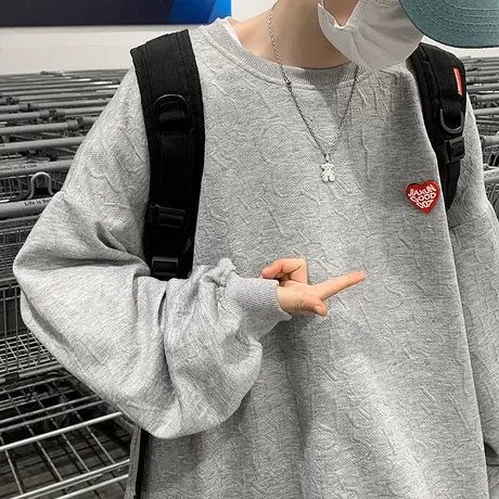韩版简约小爱心圆领卫衣2023男装秋季ins潮流百搭休闲宽松上衣服商品大图