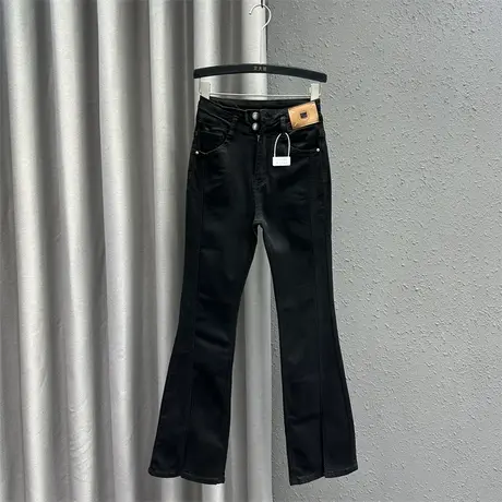 韩版贴布微喇裤女2024春季新款黑色两粒扣设计感洋气百搭牛仔长裤图片