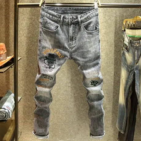 2024年春季新款黑灰色牛仔裤男士修身小脚裤欧洲站百搭帅气裤子男商品大图