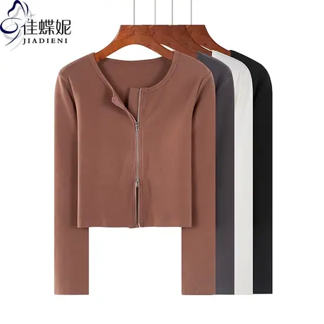 早春季圆领德绒修身短款开衫双拉链长袖体恤上衣内搭打底衫女装商品大图