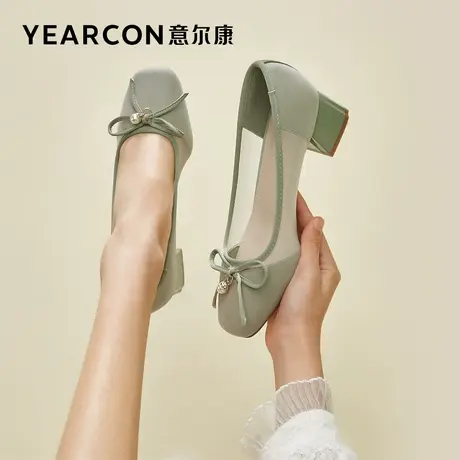 意尔康女鞋春夏季网纱透气配裙子浅口单鞋女士方头粗跟蝴蝶结中跟图片