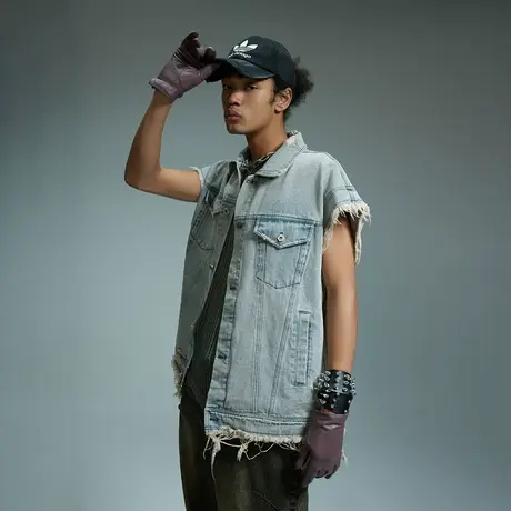 街头潮牌做旧毛边外穿马甲男士春季新款宽松美式复古破洞牛仔外套商品大图