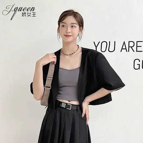 短袖外套女夏季薄款气质通勤百搭宽松休闲外搭开衫v领短款小西装图片