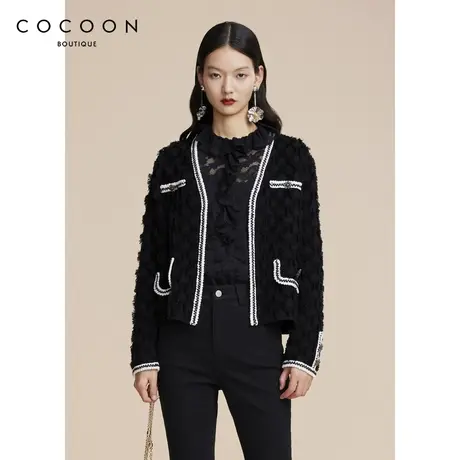 COCOON商场同款2024春季新款经典撞色立体编织V领针织开衫商品大图