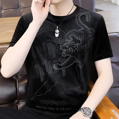 金丝绒短袖T恤男士2024新款潮流烫钻加大码半袖体恤休闲百搭上衣图片