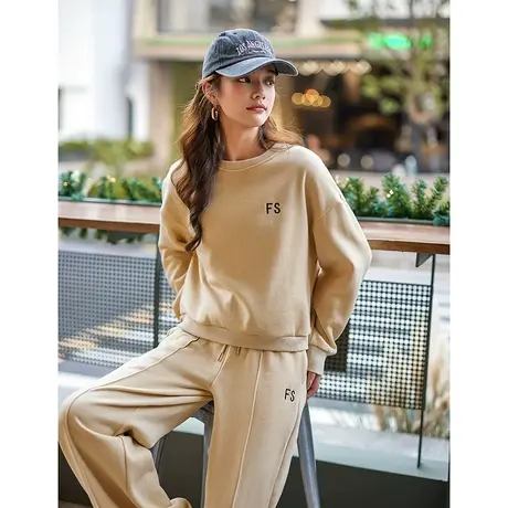 【时尚休闲运动套装】23秋冬新款刺绣圆领上衣高腰休闲裤两件套商品大图