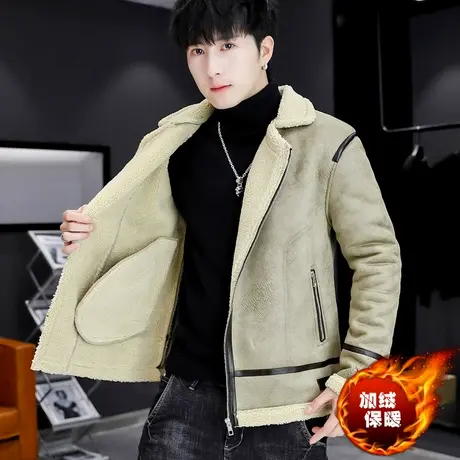 冬季皮毛一体外套男潮流羊羔毛领加绒加厚帅气个性保暖鹿皮绒夹克图片