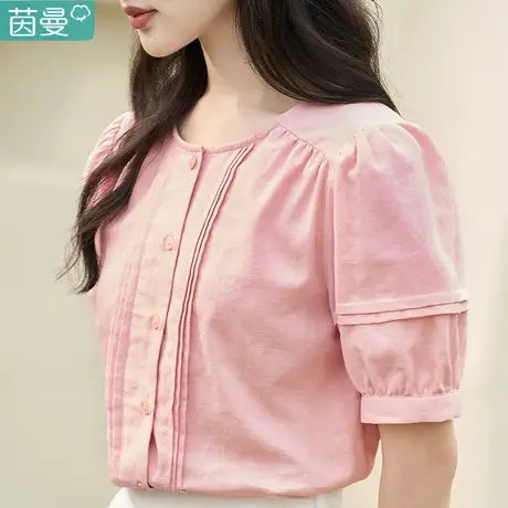 茵曼文艺复古短袖衬衣女2024夏季新款泡泡袖衬衫奶甜系小个子上衣图片
