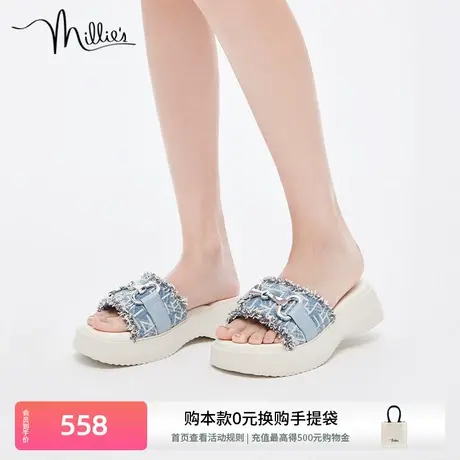 millie's妙丽新款丹宁老花时尚休闲通勤饰扣厚底女凉拖鞋SFE03BT2商品大图