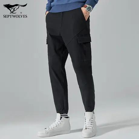 七匹狼狼族生活休闲长裤男黑色修身青少年潮流帅气时尚束脚工装裤商品大图