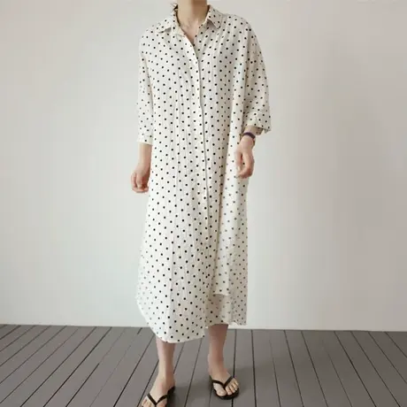 夏装新款七分袖波点衬衫女中长款韩版宽松大码休闲圆点衬衣连衣裙商品大图