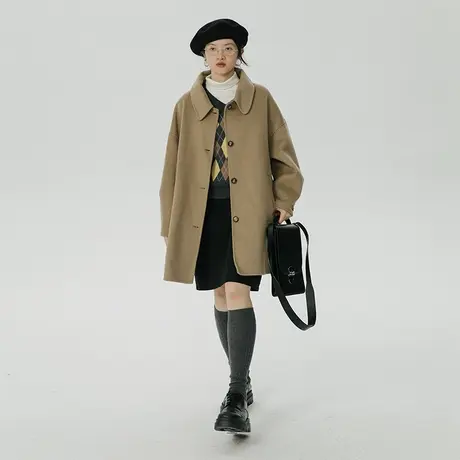 omont蛋挞家 复古翻领可拆卸帽双面毛呢外套女短款羊毛大衣秋冬季商品大图