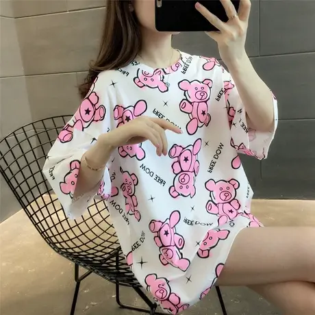 2023夏季新款印花小熊减龄短袖中长款T恤女宽松圆领字母减龄百搭T商品大图